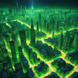 An image showcasing a futuristic cityscape divided into two halves - one bathed in vibrant green, representing the pros of blockchain, while the other half, shrouded in shadows, symbolizes the cons