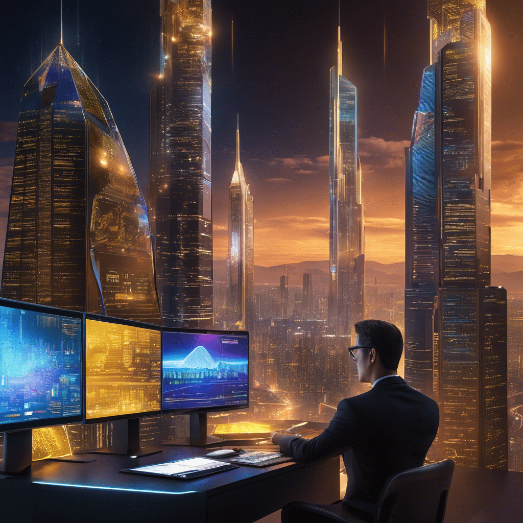 An image of a futuristic cityscape at night, adorned with towering digital screens displaying real-time cryptocurrency data