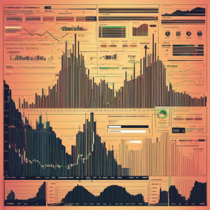 An image that depicts a dynamic cryptocurrency chart, illustrating intricate lines and curves representing price fluctuations, overlaid with candlestick patterns, trend indicators, and volume bars for a blog post on deciphering cryptocurrency charts