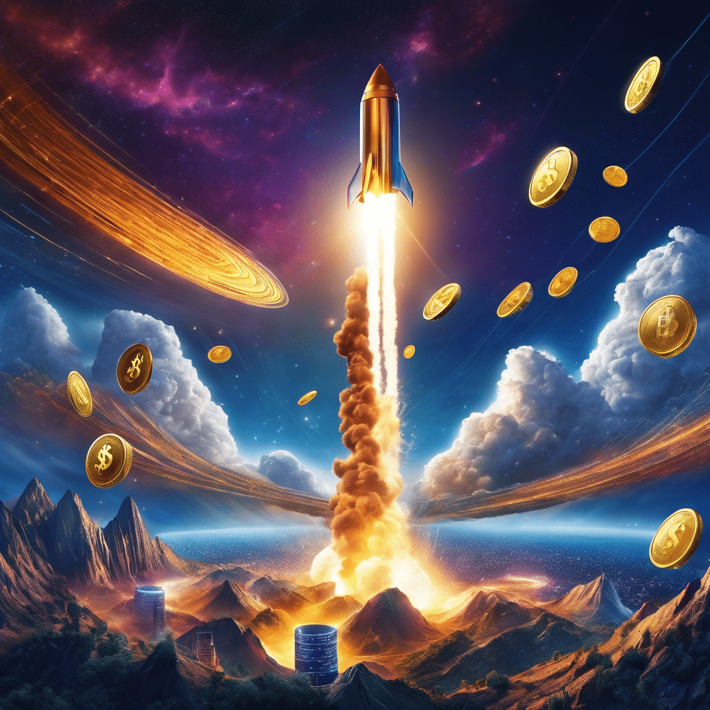 An image featuring a rocket blasting off into the sky, leaving a trail of shimmering digital currencies in its wake, symbolizing the exponential growth and rising value of cryptocurrencies